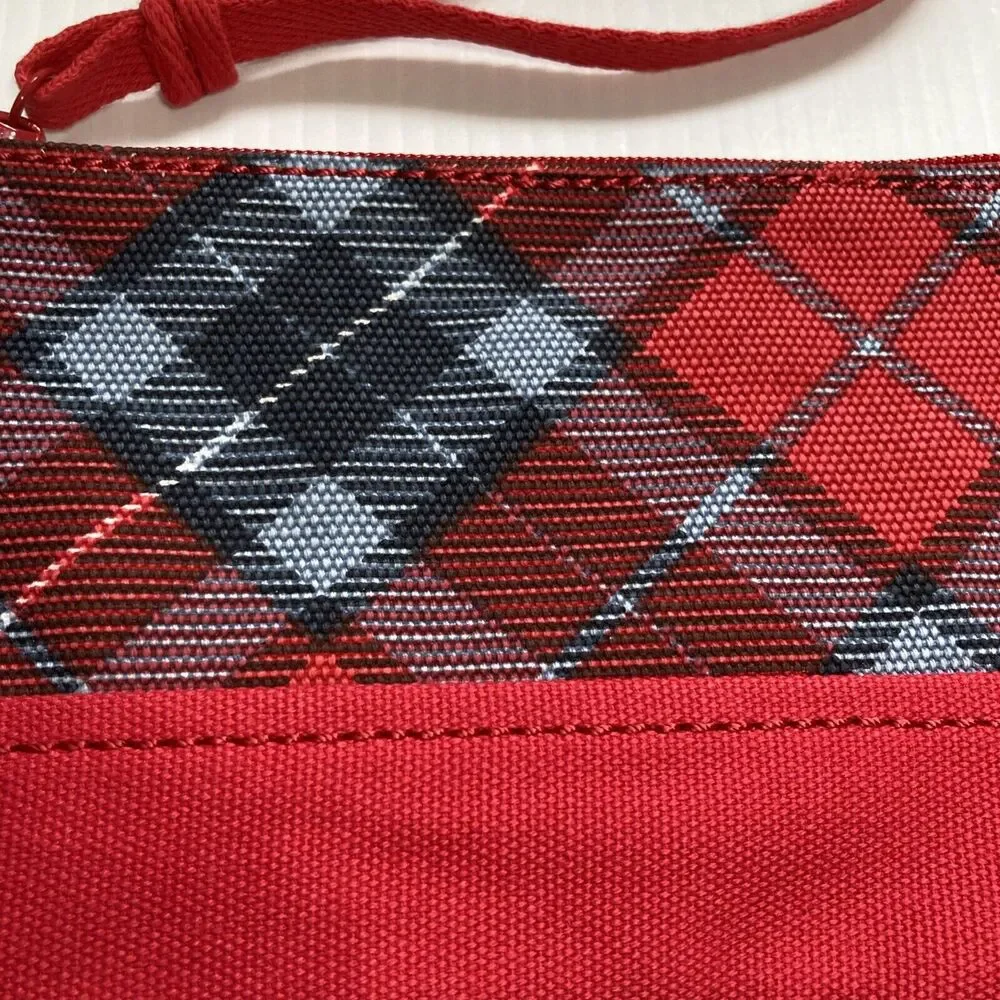 LANDS END Plaid Cotton Canvas Large Zip Pouch Purse Wristlet 8 x 5 x 0.5 inches